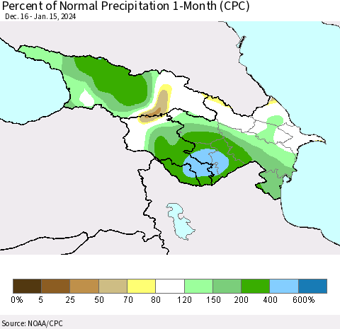 Azerbaijan, Armenia and Georgia Percent of Normal Precipitation 1-Month (CPC) Thematic Map For 12/16/2023 - 1/15/2024
