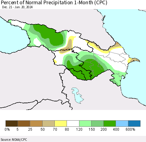 Azerbaijan, Armenia and Georgia Percent of Normal Precipitation 1-Month (CPC) Thematic Map For 12/21/2023 - 1/20/2024