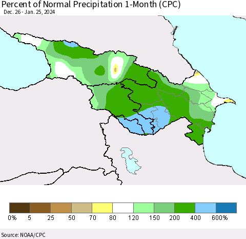 Azerbaijan, Armenia and Georgia Percent of Normal Precipitation 1-Month (CPC) Thematic Map For 12/26/2023 - 1/25/2024
