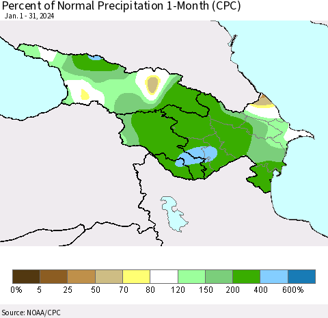 Azerbaijan, Armenia and Georgia Percent of Normal Precipitation 1-Month (CPC) Thematic Map For 1/1/2024 - 1/31/2024