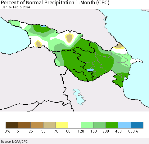 Azerbaijan, Armenia and Georgia Percent of Normal Precipitation 1-Month (CPC) Thematic Map For 1/6/2024 - 2/5/2024