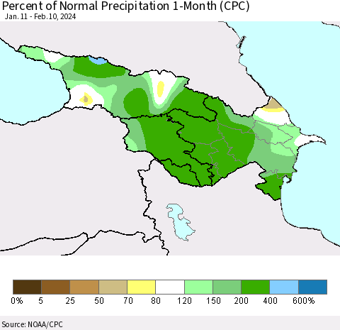 Azerbaijan, Armenia and Georgia Percent of Normal Precipitation 1-Month (CPC) Thematic Map For 1/11/2024 - 2/10/2024