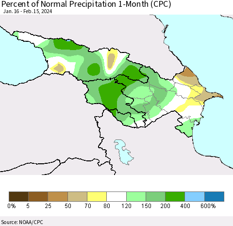 Azerbaijan, Armenia and Georgia Percent of Normal Precipitation 1-Month (CPC) Thematic Map For 1/16/2024 - 2/15/2024