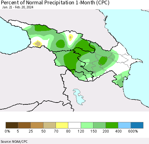 Azerbaijan, Armenia and Georgia Percent of Normal Precipitation 1-Month (CPC) Thematic Map For 1/21/2024 - 2/20/2024