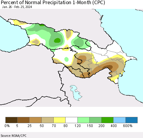 Azerbaijan, Armenia and Georgia Percent of Normal Precipitation 1-Month (CPC) Thematic Map For 1/26/2024 - 2/25/2024