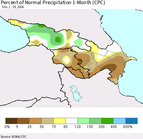 Azerbaijan, Armenia and Georgia Percent of Normal Precipitation 1-Month (CPC) Thematic Map For 2/1/2024 - 2/29/2024