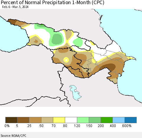 Azerbaijan, Armenia and Georgia Percent of Normal Precipitation 1-Month (CPC) Thematic Map For 2/6/2024 - 3/5/2024