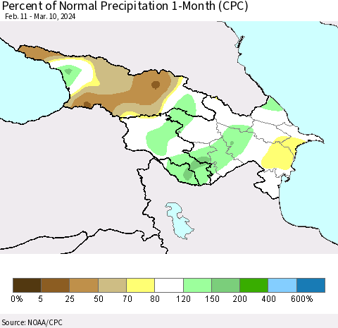 Azerbaijan, Armenia and Georgia Percent of Normal Precipitation 1-Month (CPC) Thematic Map For 2/11/2024 - 3/10/2024