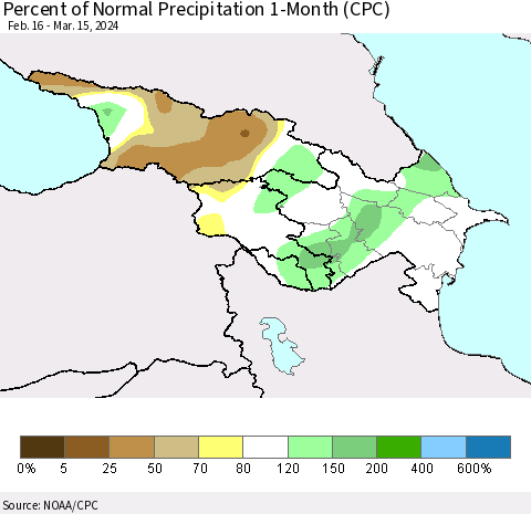 Azerbaijan, Armenia and Georgia Percent of Normal Precipitation 1-Month (CPC) Thematic Map For 2/16/2024 - 3/15/2024