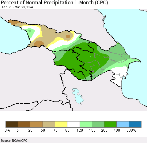 Azerbaijan, Armenia and Georgia Percent of Normal Precipitation 1-Month (CPC) Thematic Map For 2/21/2024 - 3/20/2024