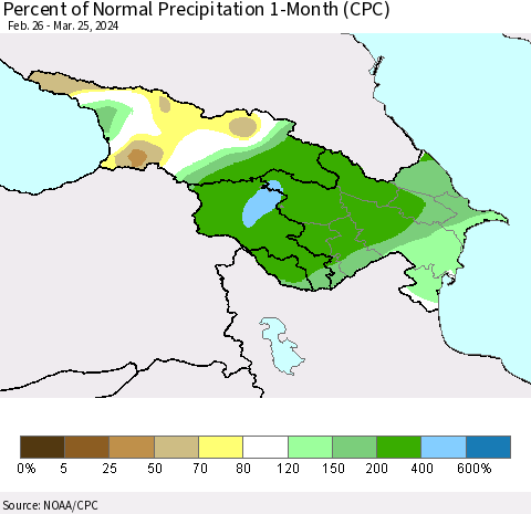 Azerbaijan, Armenia and Georgia Percent of Normal Precipitation 1-Month (CPC) Thematic Map For 2/26/2024 - 3/25/2024