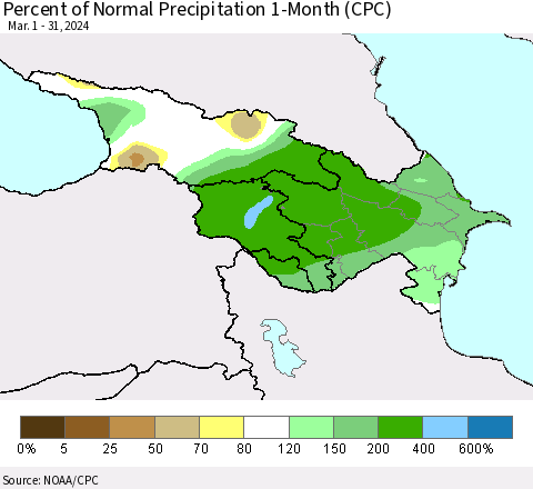 Azerbaijan, Armenia and Georgia Percent of Normal Precipitation 1-Month (CPC) Thematic Map For 3/1/2024 - 3/31/2024