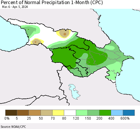Azerbaijan, Armenia and Georgia Percent of Normal Precipitation 1-Month (CPC) Thematic Map For 3/6/2024 - 4/5/2024