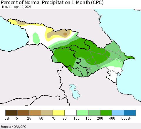 Azerbaijan, Armenia and Georgia Percent of Normal Precipitation 1-Month (CPC) Thematic Map For 3/11/2024 - 4/10/2024