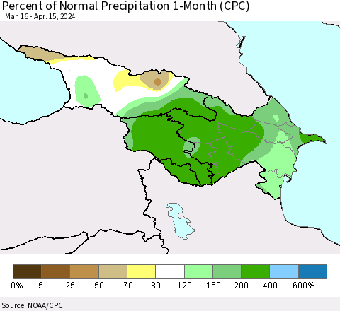 Azerbaijan, Armenia and Georgia Percent of Normal Precipitation 1-Month (CPC) Thematic Map For 3/16/2024 - 4/15/2024