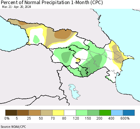 Azerbaijan, Armenia and Georgia Percent of Normal Precipitation 1-Month (CPC) Thematic Map For 3/21/2024 - 4/20/2024
