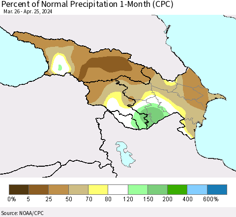 Azerbaijan, Armenia and Georgia Percent of Normal Precipitation 1-Month (CPC) Thematic Map For 3/26/2024 - 4/25/2024
