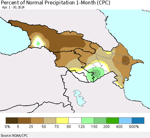 Azerbaijan, Armenia and Georgia Percent of Normal Precipitation 1-Month (CPC) Thematic Map For 4/1/2024 - 4/30/2024