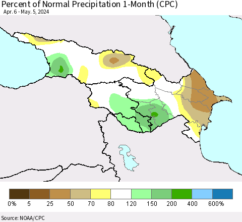 Azerbaijan, Armenia and Georgia Percent of Normal Precipitation 1-Month (CPC) Thematic Map For 4/6/2024 - 5/5/2024