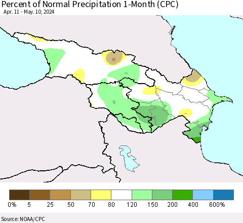 Azerbaijan, Armenia and Georgia Percent of Normal Precipitation 1-Month (CPC) Thematic Map For 4/11/2024 - 5/10/2024