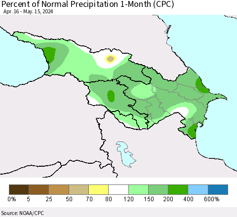 Azerbaijan, Armenia and Georgia Percent of Normal Precipitation 1-Month (CPC) Thematic Map For 4/16/2024 - 5/15/2024