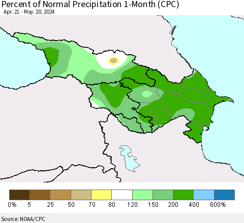 Azerbaijan, Armenia and Georgia Percent of Normal Precipitation 1-Month (CPC) Thematic Map For 4/21/2024 - 5/20/2024