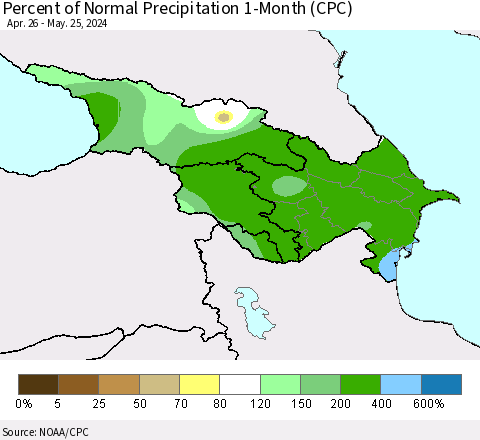 Azerbaijan, Armenia and Georgia Percent of Normal Precipitation 1-Month (CPC) Thematic Map For 4/26/2024 - 5/25/2024