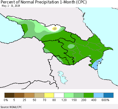 Azerbaijan, Armenia and Georgia Percent of Normal Precipitation 1-Month (CPC) Thematic Map For 5/1/2024 - 5/31/2024