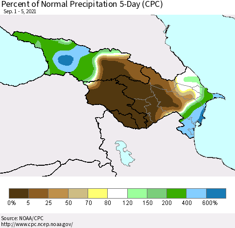 Azerbaijan, Armenia and Georgia Percent of Normal Precipitation 5-Day (CPC) Thematic Map For 9/1/2021 - 9/5/2021