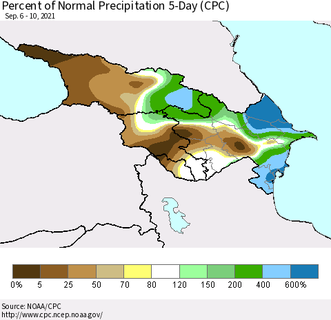 Azerbaijan, Armenia and Georgia Percent of Normal Precipitation 5-Day (CPC) Thematic Map For 9/6/2021 - 9/10/2021