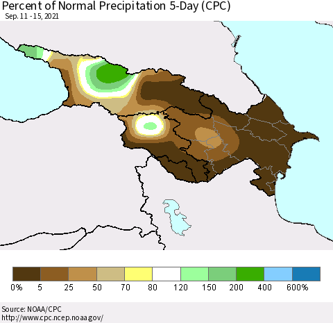 Azerbaijan, Armenia and Georgia Percent of Normal Precipitation 5-Day (CPC) Thematic Map For 9/11/2021 - 9/15/2021