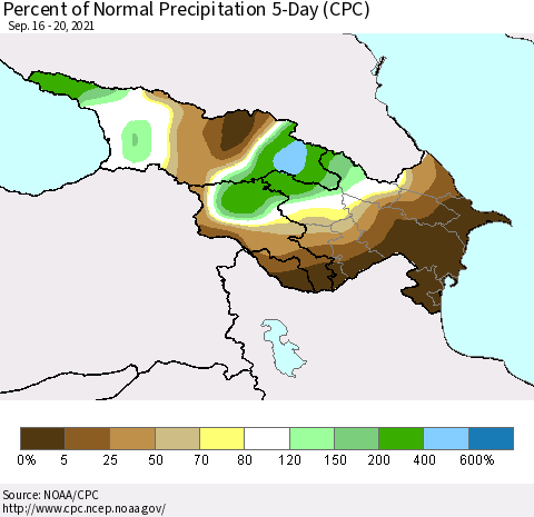 Azerbaijan, Armenia and Georgia Percent of Normal Precipitation 5-Day (CPC) Thematic Map For 9/16/2021 - 9/20/2021