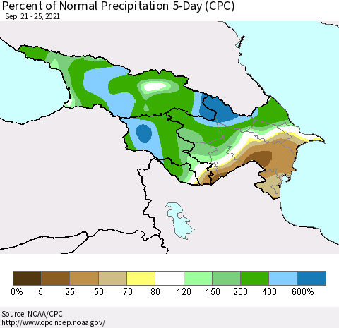 Azerbaijan, Armenia and Georgia Percent of Normal Precipitation 5-Day (CPC) Thematic Map For 9/21/2021 - 9/25/2021