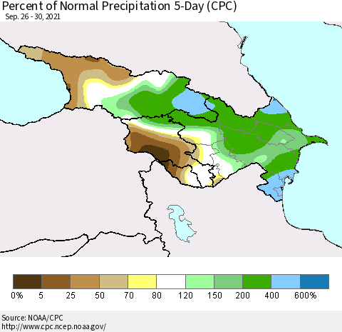 Azerbaijan, Armenia and Georgia Percent of Normal Precipitation 5-Day (CPC) Thematic Map For 9/26/2021 - 9/30/2021