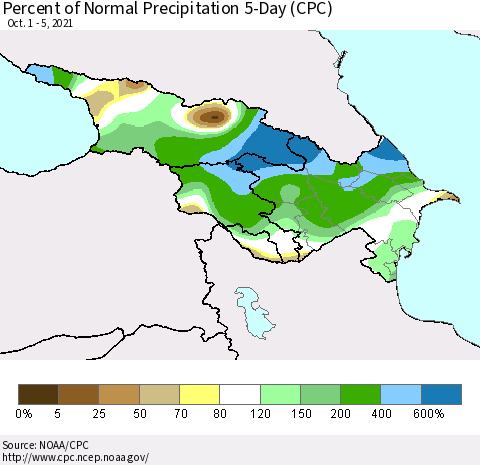 Azerbaijan, Armenia and Georgia Percent of Normal Precipitation 5-Day (CPC) Thematic Map For 10/1/2021 - 10/5/2021