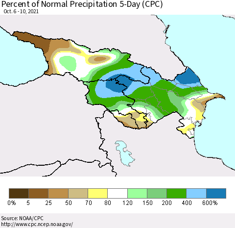 Azerbaijan, Armenia and Georgia Percent of Normal Precipitation 5-Day (CPC) Thematic Map For 10/6/2021 - 10/10/2021