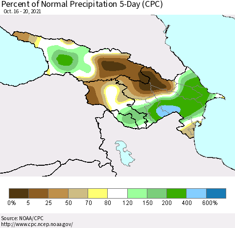 Azerbaijan, Armenia and Georgia Percent of Normal Precipitation 5-Day (CPC) Thematic Map For 10/16/2021 - 10/20/2021