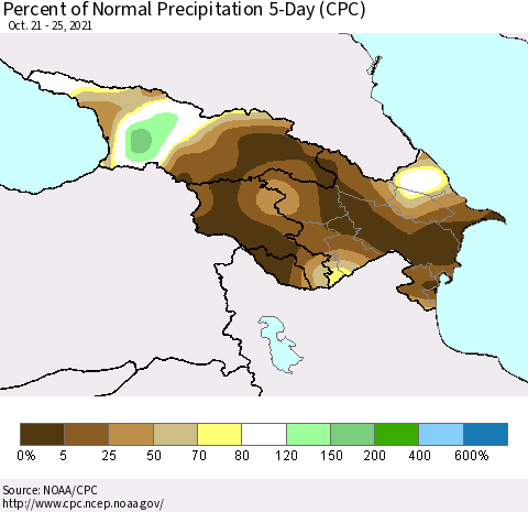 Azerbaijan, Armenia and Georgia Percent of Normal Precipitation 5-Day (CPC) Thematic Map For 10/21/2021 - 10/25/2021