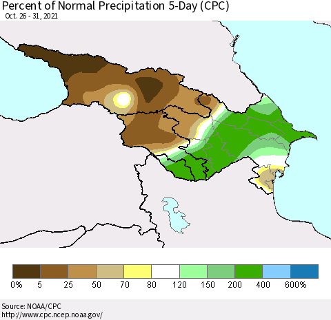 Azerbaijan, Armenia and Georgia Percent of Normal Precipitation 5-Day (CPC) Thematic Map For 10/26/2021 - 10/31/2021
