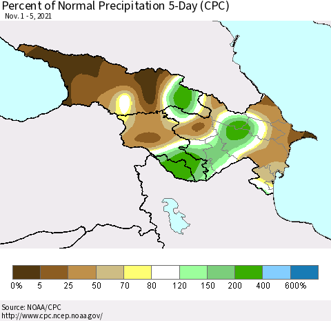 Azerbaijan, Armenia and Georgia Percent of Normal Precipitation 5-Day (CPC) Thematic Map For 11/1/2021 - 11/5/2021