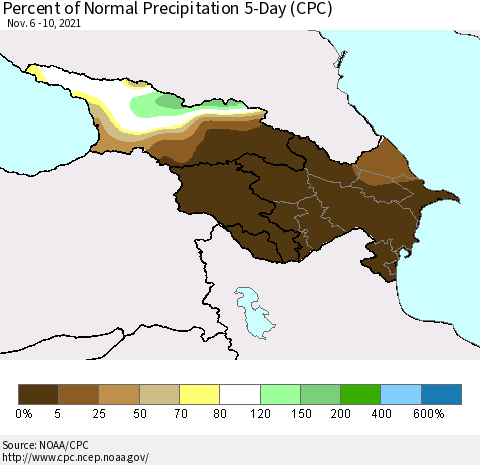 Azerbaijan, Armenia and Georgia Percent of Normal Precipitation 5-Day (CPC) Thematic Map For 11/6/2021 - 11/10/2021