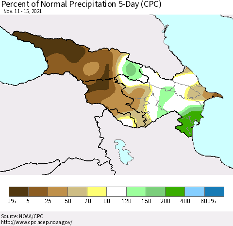 Azerbaijan, Armenia and Georgia Percent of Normal Precipitation 5-Day (CPC) Thematic Map For 11/11/2021 - 11/15/2021