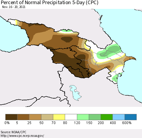 Azerbaijan, Armenia and Georgia Percent of Normal Precipitation 5-Day (CPC) Thematic Map For 11/16/2021 - 11/20/2021