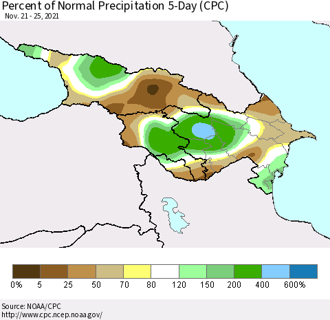 Azerbaijan, Armenia and Georgia Percent of Normal Precipitation 5-Day (CPC) Thematic Map For 11/21/2021 - 11/25/2021