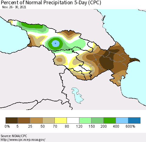 Azerbaijan, Armenia and Georgia Percent of Normal Precipitation 5-Day (CPC) Thematic Map For 11/26/2021 - 11/30/2021