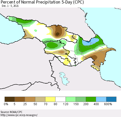 Azerbaijan, Armenia and Georgia Percent of Normal Precipitation 5-Day (CPC) Thematic Map For 12/1/2021 - 12/5/2021