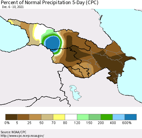 Azerbaijan, Armenia and Georgia Percent of Normal Precipitation 5-Day (CPC) Thematic Map For 12/6/2021 - 12/10/2021