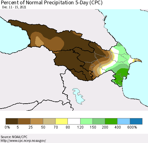 Azerbaijan, Armenia and Georgia Percent of Normal Precipitation 5-Day (CPC) Thematic Map For 12/11/2021 - 12/15/2021