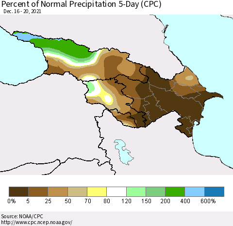 Azerbaijan, Armenia and Georgia Percent of Normal Precipitation 5-Day (CPC) Thematic Map For 12/16/2021 - 12/20/2021