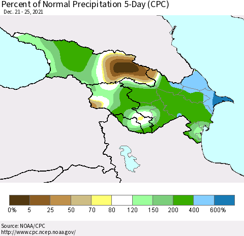 Azerbaijan, Armenia and Georgia Percent of Normal Precipitation 5-Day (CPC) Thematic Map For 12/21/2021 - 12/25/2021